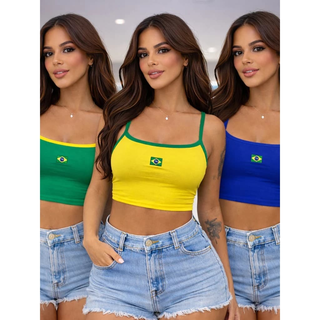 Kit 3 Cropped do Brasil Copa do Mundo 2026 Blusinha Verão Alça Fina