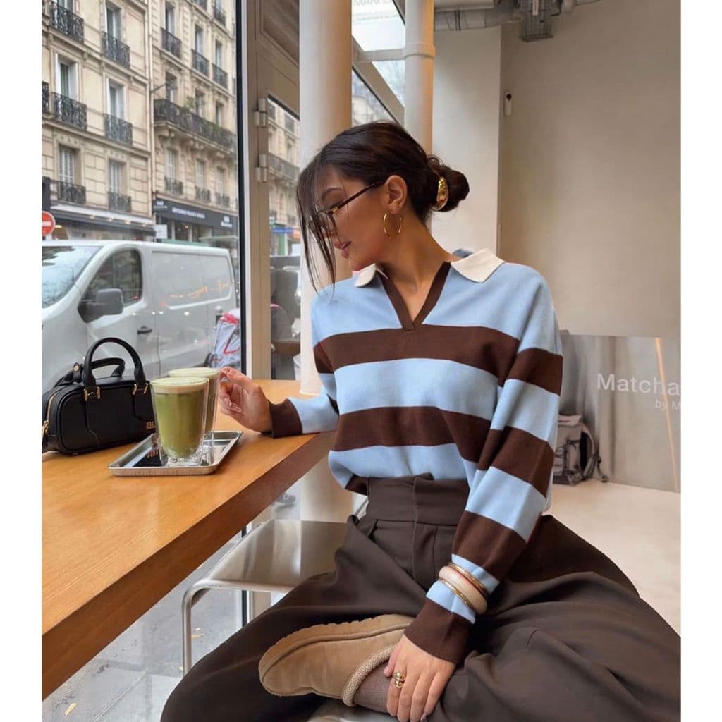 Blusa Feminina Tricot Listrada Gola Polo Manga Longa Moda Inverno