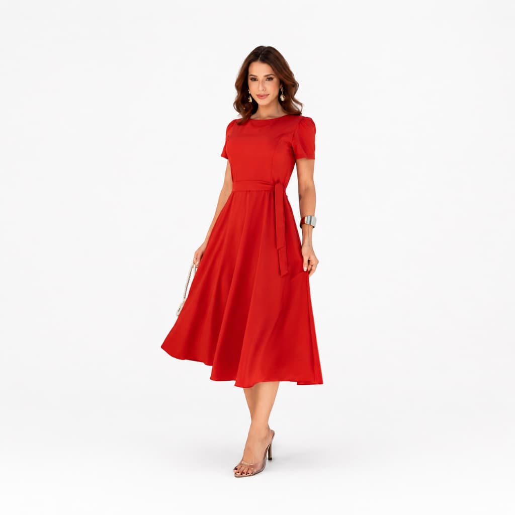 Vestido Feminino Maxi Midi Terracota Elegante Modesto Liso Decote Canoa Confortável Casual Lorena