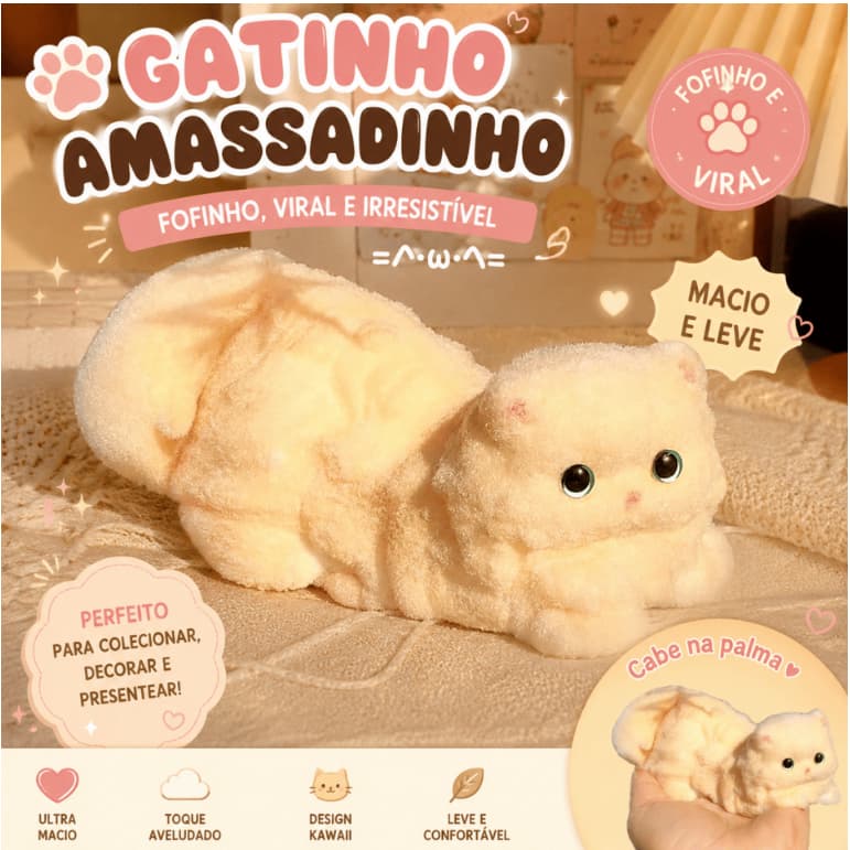 Gato de Pelúcia Amassadinho TikTok Kawaii Fofo Anti Stress