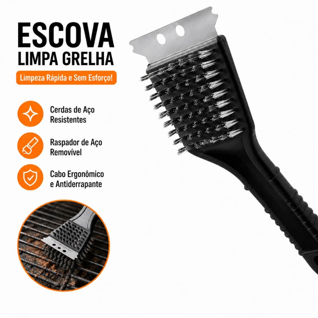 Escova Para Grelha Churrasqueira Cerdas de Aço Inox Com Raspador Limpa Chapas 2 em 1