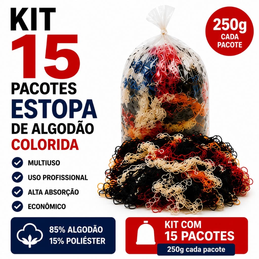 Kit 15 Estopas Algodão 250g Limpeza Oficina Mecânica Graxa Óleo