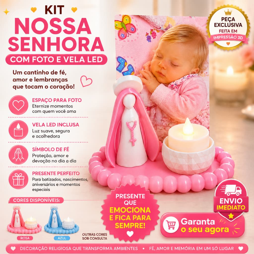 Kit Nossa Senhora com Espaço para Foto + Vela LED e Porta Vela + Bandeja Estilo Terço | Presente de Fé, Amor e Proteção
