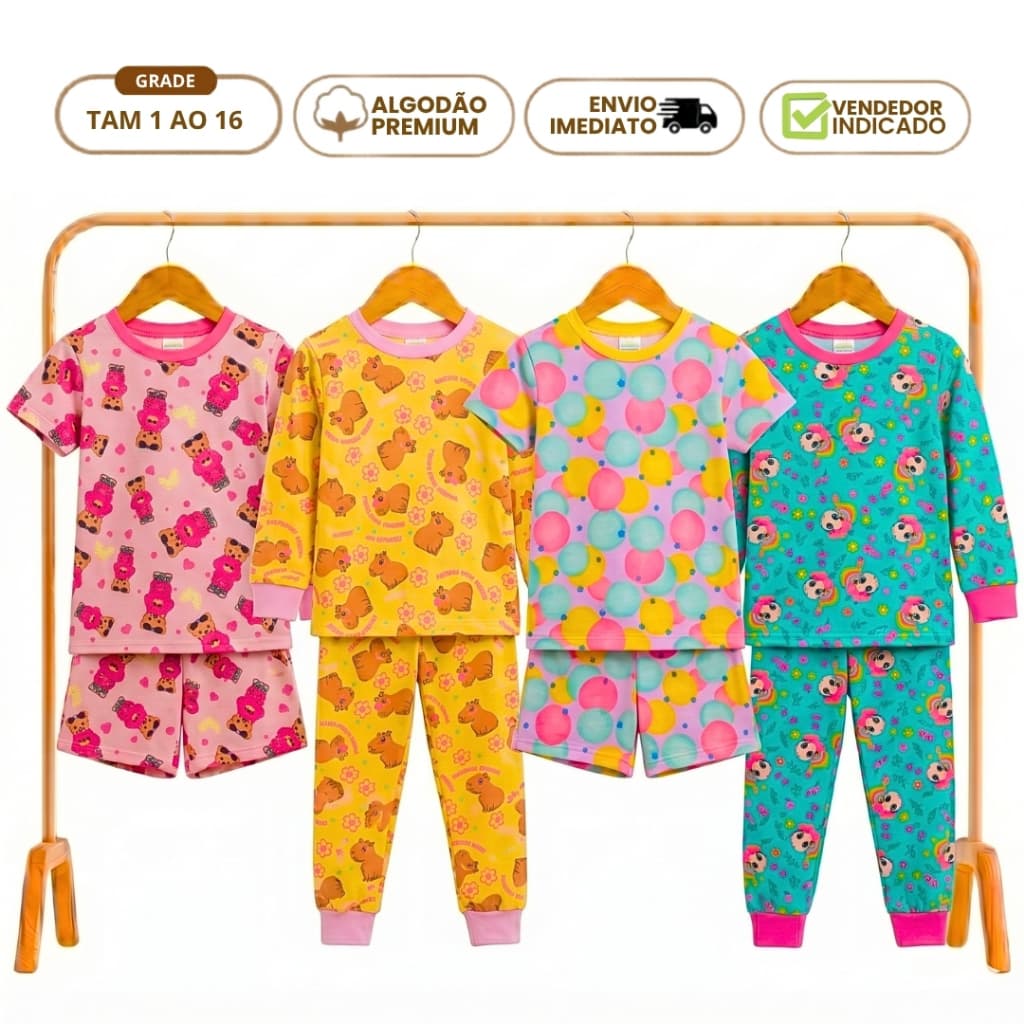 Kit 4 Peças Pijama Infantil Menina Verão e Inverno 1 Pijama Verão e 1 Pijama Inverno Algodão 1 ao 16