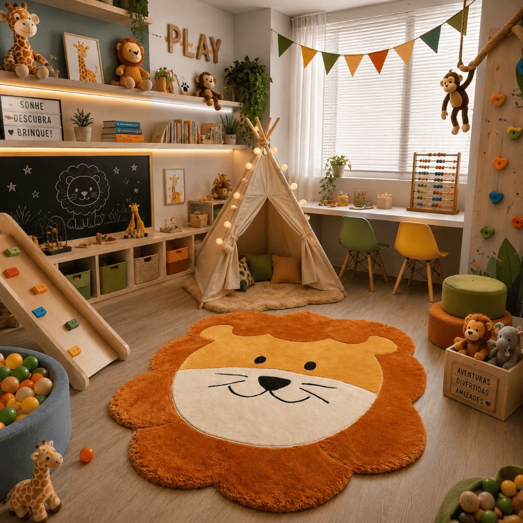Tapete Leao pelucia safari com base emborrachada 0,93x 0,90 cm