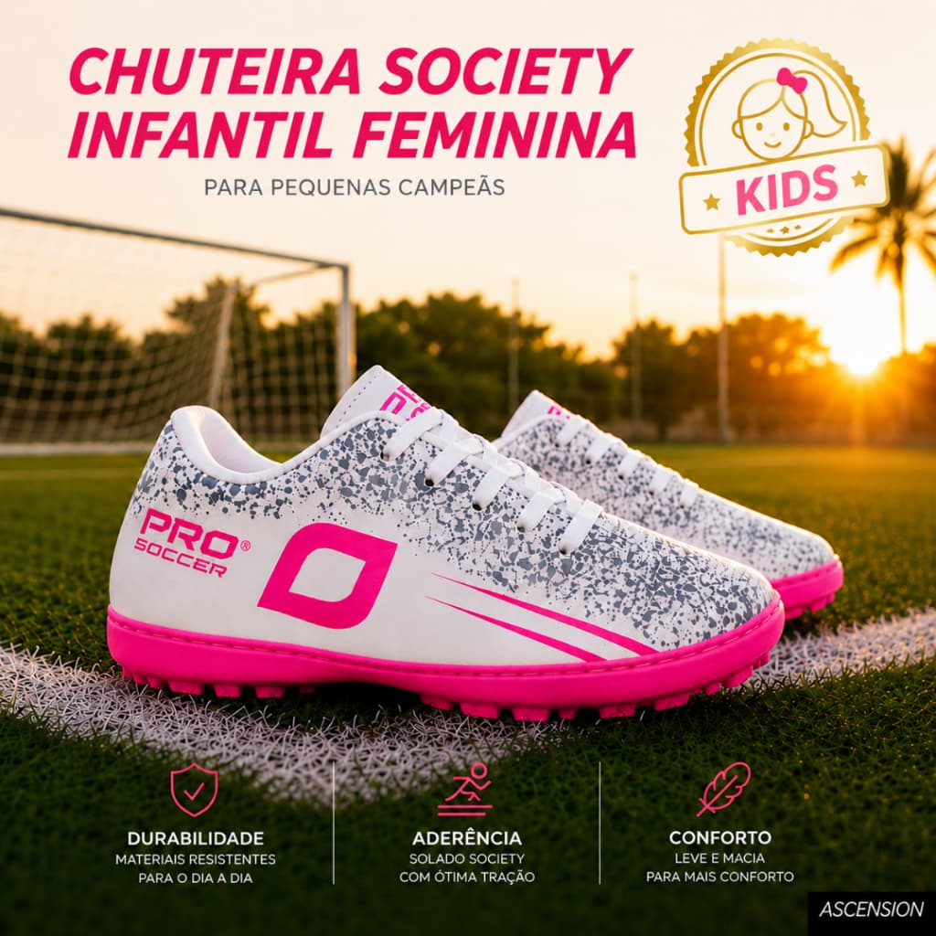 Chuteira Society Infantil Feminina Para Gramado Sintético Ascension Pro Soccer Society Futebol Sintético