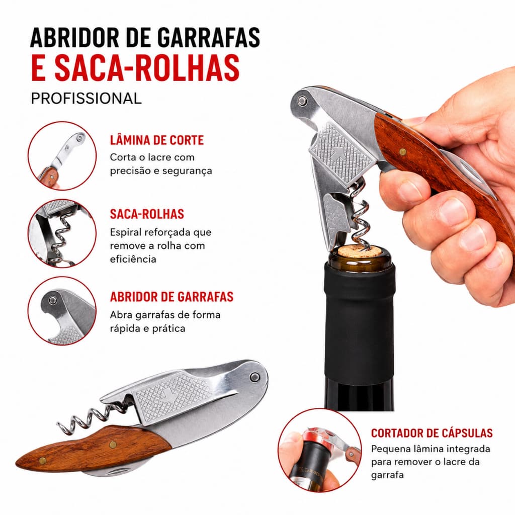 Jogo 1-2-3 Abridor De Vinho Profissional Saca Rolha Sommelier Garrafa Em Aco 304