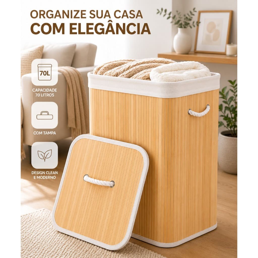 Cesto de Roupa Bambu Bambu 70L com Tampa Organizador Lavanderia Grande Moderno