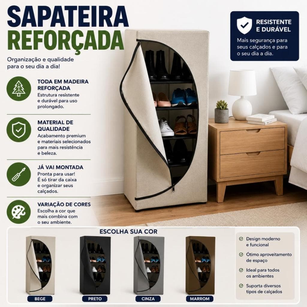 Sapateira Multiuso com Zíper | Protege  Poeira | Ideal Quartos Pequenos Envio em 24 Hs 4 Prateleiras