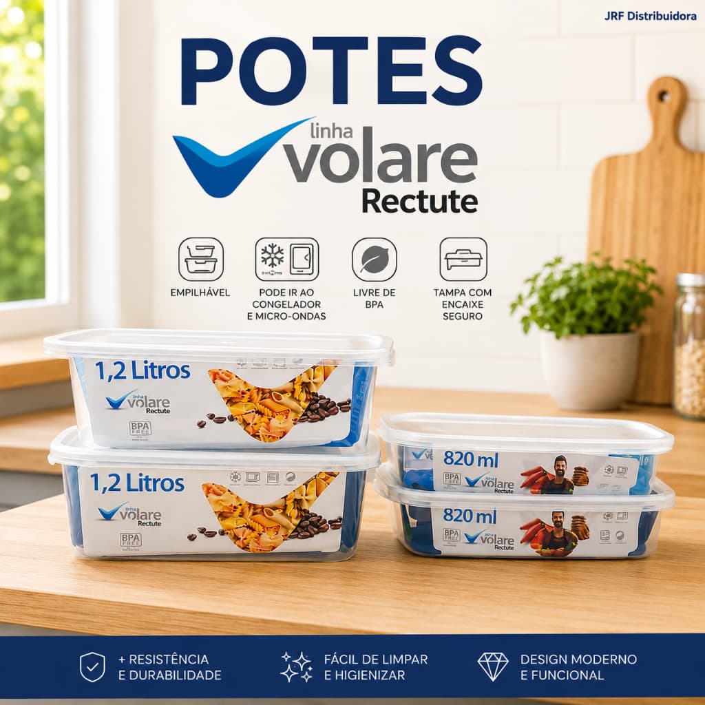 Kit Potes Retangulares 820ml e 1,2L Linha Volare Rischioto Utilidades Domésticas