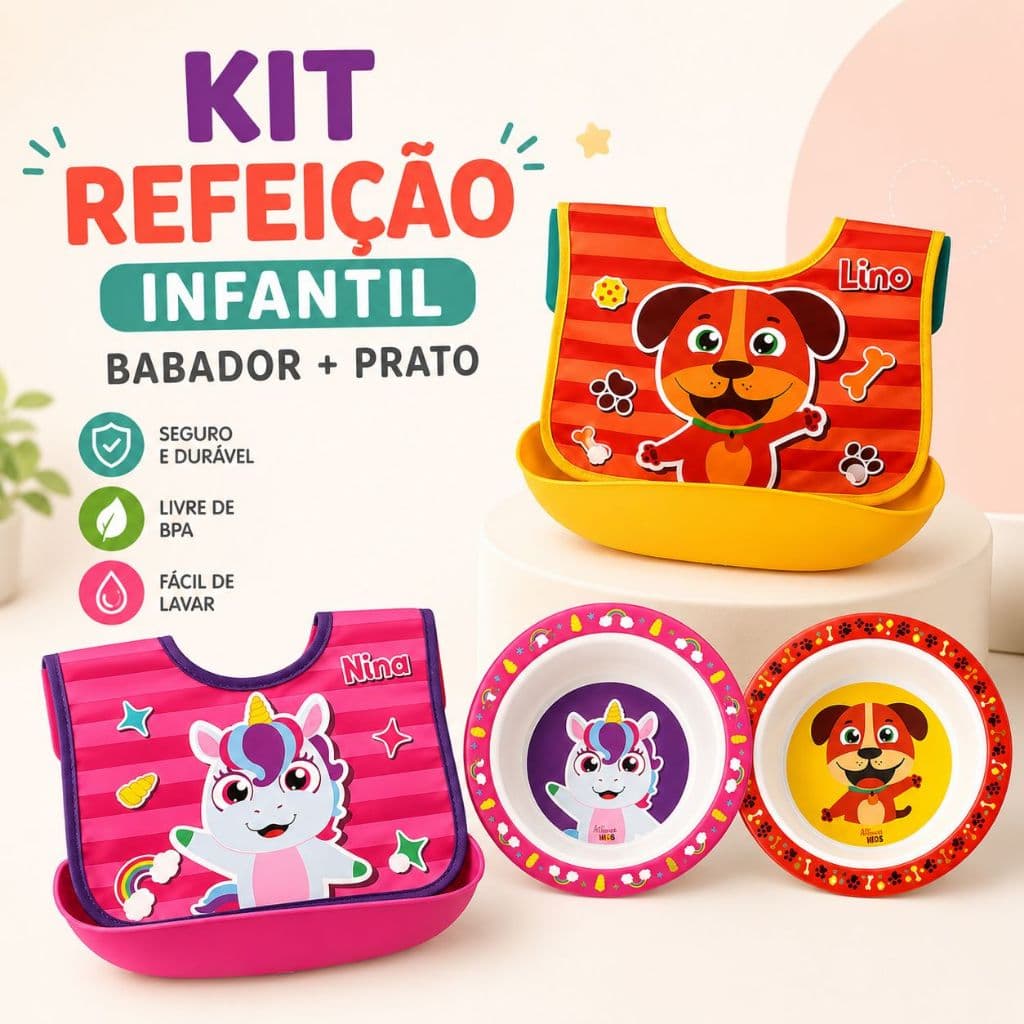 Kit Refeição Infantil em Silicone Lavável BPA Free - Babador Pega Migalhas + Prato Infantil para Bebê, Menino e Menina