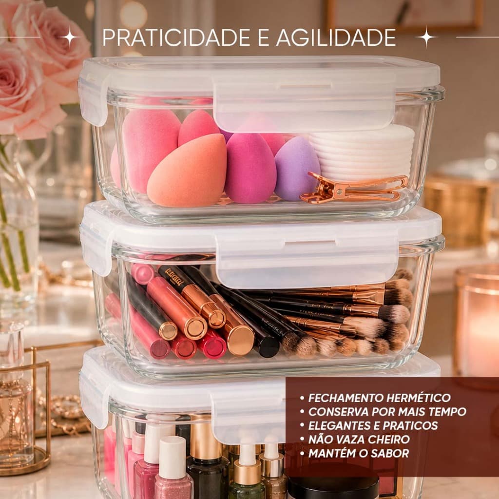 Kit Potes de Vidro Hermético 6 Peças Marmita Retangular Tampa Forte Alimentos 640ml