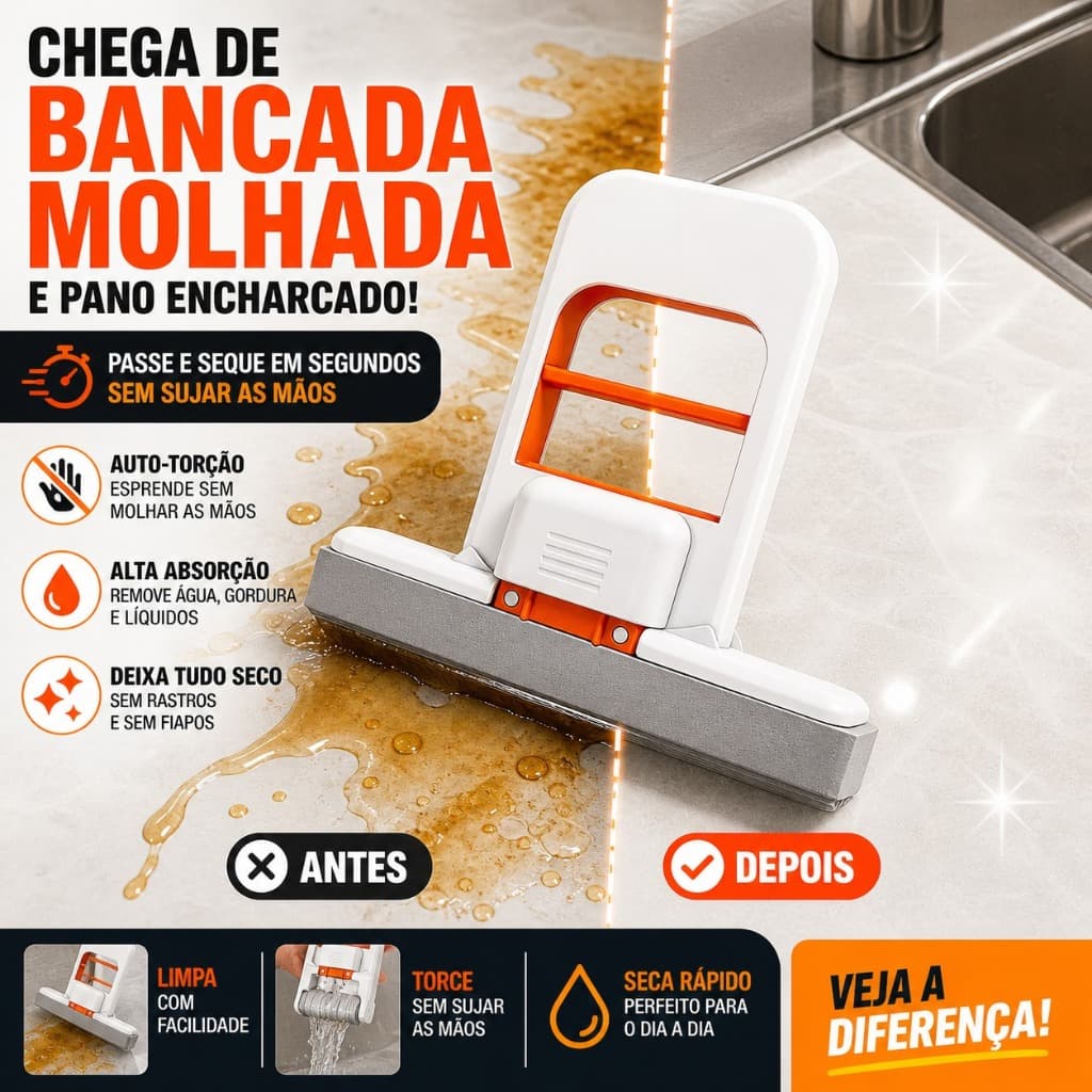 Mini Mop Absorvente Portátil para Pia com Auto Torção Rodo Esponja Limpeza Rápida Bancada
