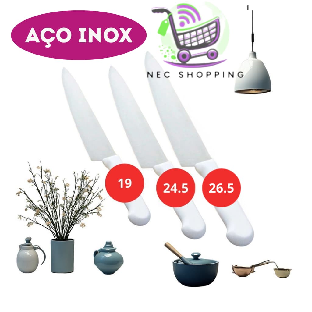 03 OU 02 UNIDADES Faca De Cozinha Inox Peixeira Do Chef Com Cabo Branco ' 6' 5' 3,5' Polegadas Profissional