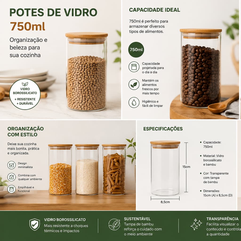 Kit 4 Potes de Vidro Redondo com tampa de Bambu 750ml Hermético