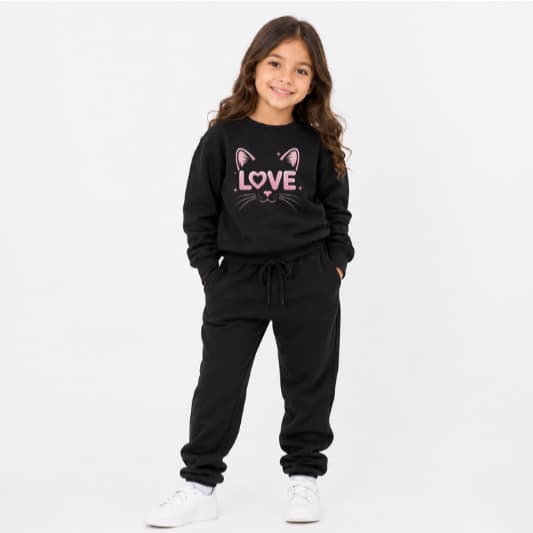 Conjunto Moletom Gola Careca Infantil Várias Cores Premium Estampa Fofa Gatinho Love
