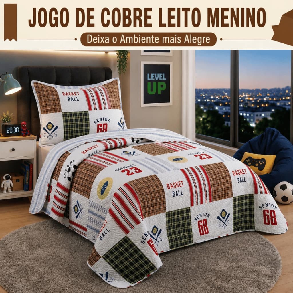 Kit Cobre Leito Colcha Solteiro Menino Estampado c/ Porta Travesseiro