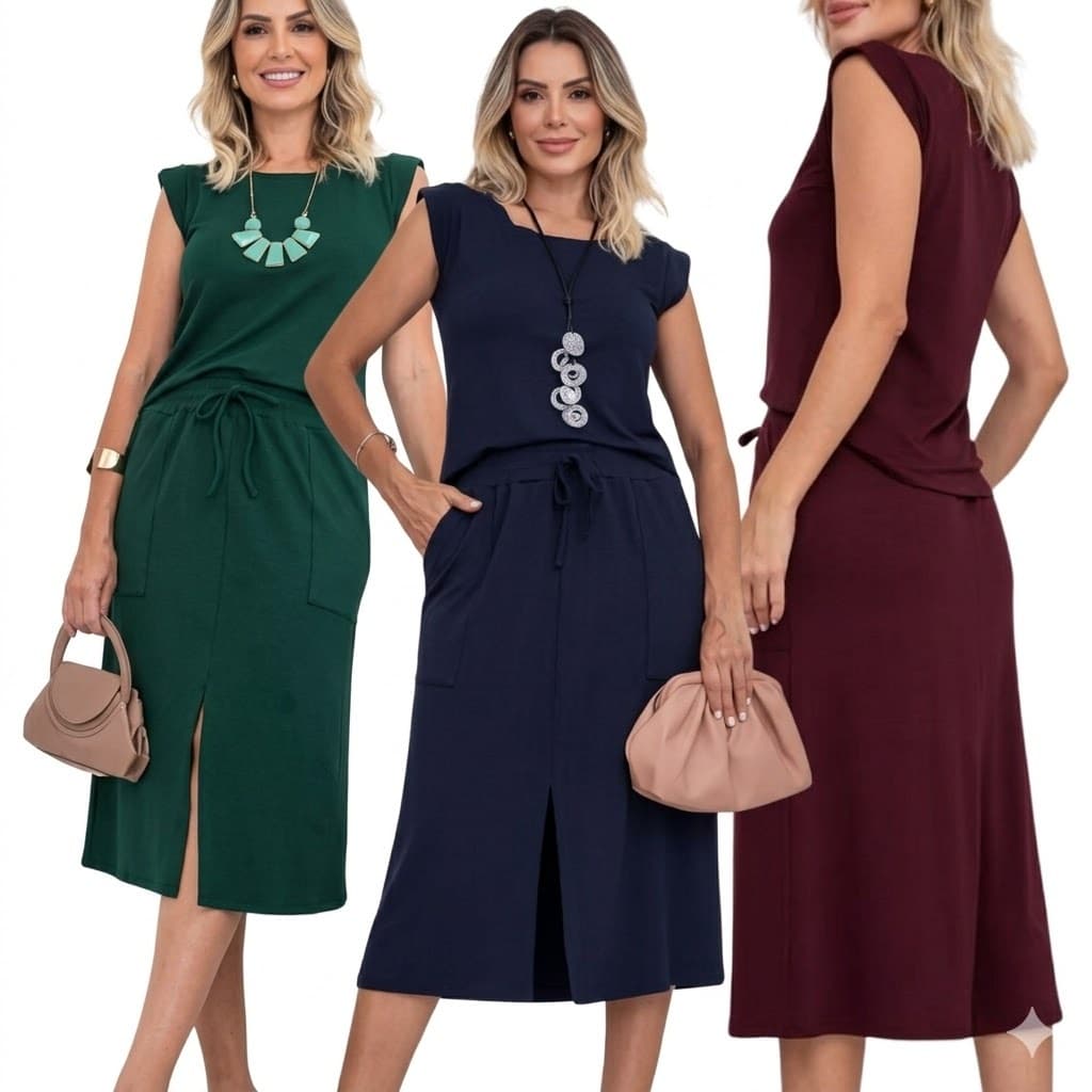 Conjunto Saia midi moda feminina moderna casual confortável elegante estiloso passeio sofisticado versátil com bolso
