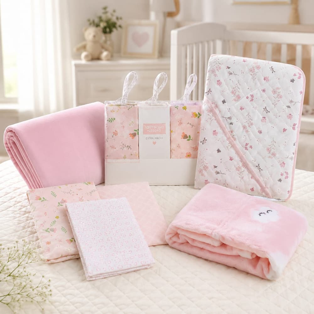 Kit 9 Peças Enxoval de Bebê Completo Recém Nascido 100% Algodão Toalha Cueiro Cobertor Lençol Babit Menina Menino Neutro