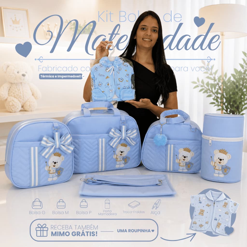 Bolsa Maternidade Menino completo com Kit 5 peças Térmico e Impermeável Azul/Marinho/Bege/Verde