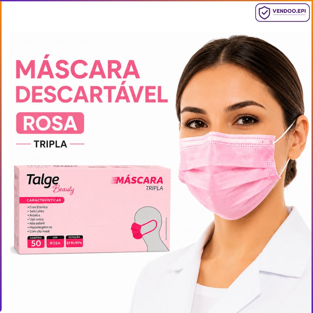 Kit Mascara Rosa Descartavel Tripla Camada Com Elastico Até 250 Unidades