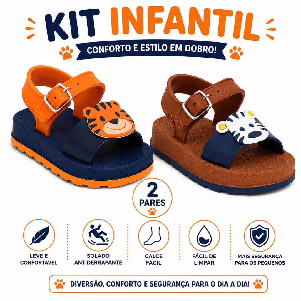 Kit 2 pares sandália infantil safari animal tigre zebra confortável leve antiderrapante fivela dia a dia envio imediato