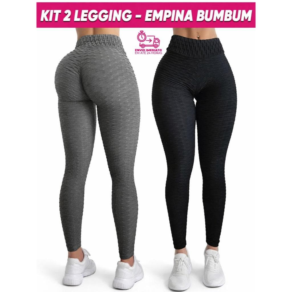 Bombey Kit 2 Leggings Calça Suplex Bolha 3D Cós Alto Compressão Empina Bumbum Fitness Cintura Alta