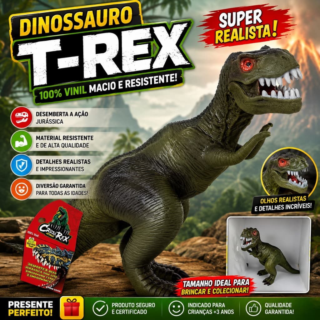 Brinquedo BONECO Dinossauro T-Rex em vinil grande - Brinquedo  Infantil Resistente com articulaçoes