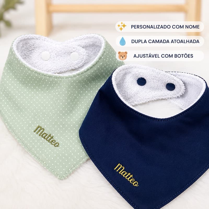 Babador Bandana Personalizado com Nome | Atoalhado Dupla Camada Ajustável Bebê