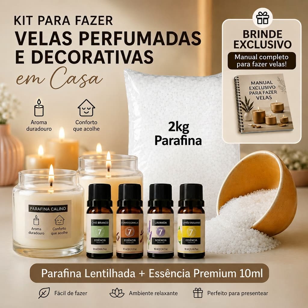 Kit Parafina Lentilhada 2KG + Essência PREMIUM 10ml p/ fazer Velas Perfumadas e Decorativas em CASA