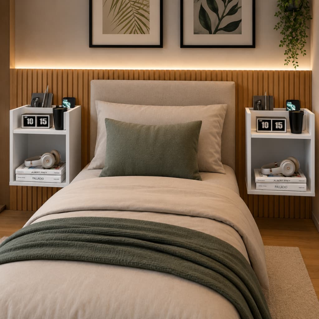 Kit c/ 2 Mesinha de Cabeceira Madri Cama Retrô Para Quarto Suspensa Branca Preta Off White Cinza
