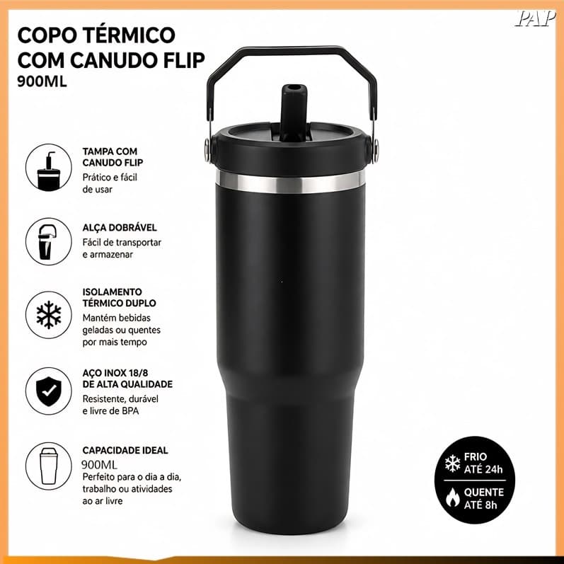 900ML Garrafa térmica portátil preta e minimalista, com alça e design à prova de vazamentos