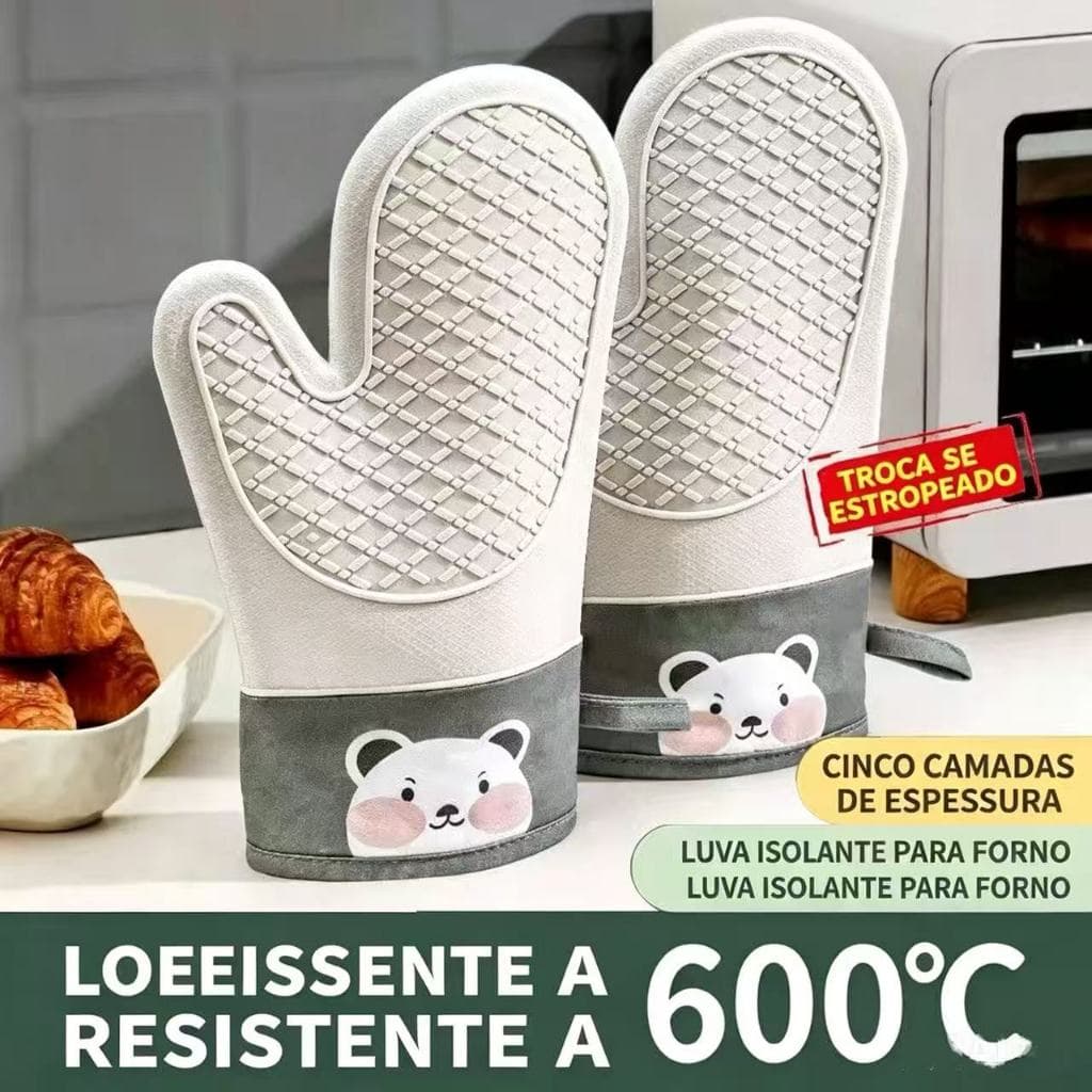 （Versão atualizada）Luva de Forno Anti-Queimadura Resistente a 600°C, Silicone e Algodão, Antideslizante e Impermeável