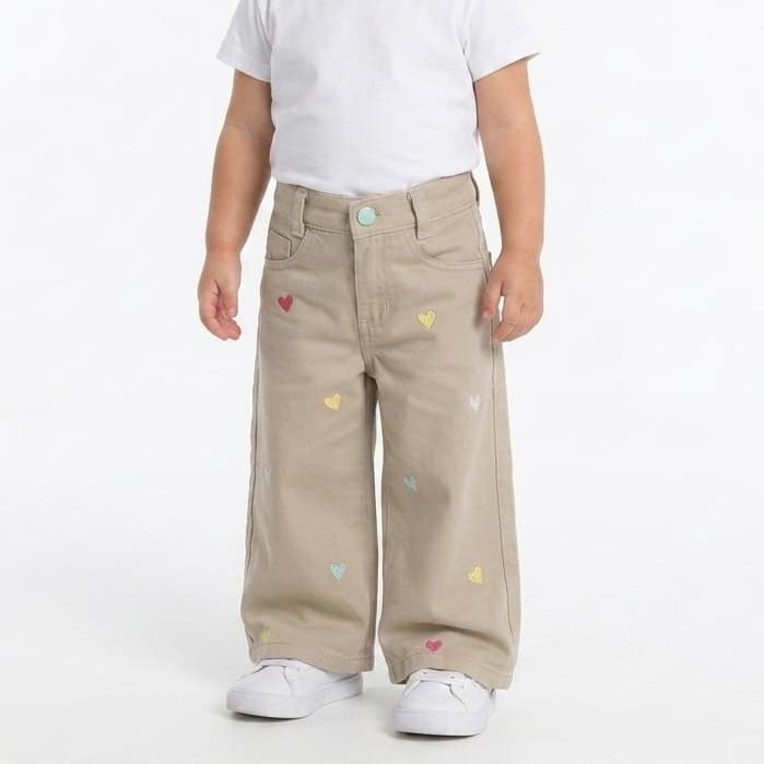 Calça Wide Leg Infantil Menina Com Regulagem Sarja Coração 1 ao 3 anos