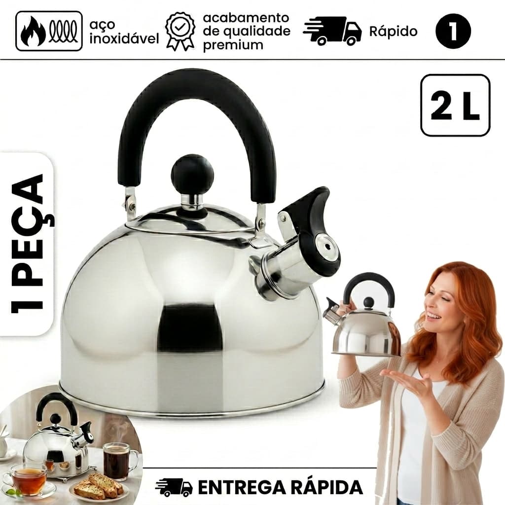 Chaleira Inox com Apito para Fogão Gás Elétrico e Indução Luxo em Aço Inox 2 Litros