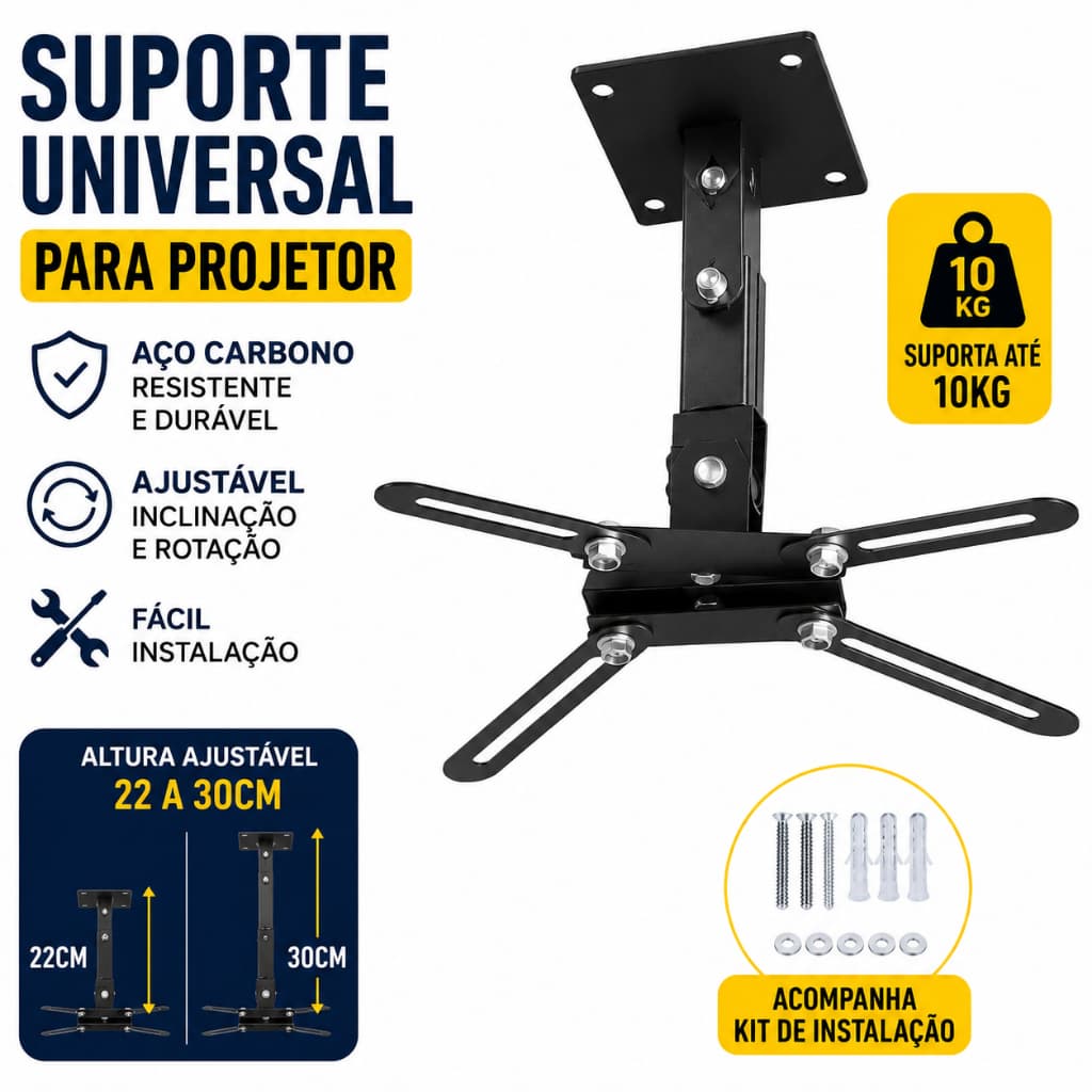 Suporte de Teto Universal para Projetor Datashow Articulado Ajustável em Aço Carbono Novo