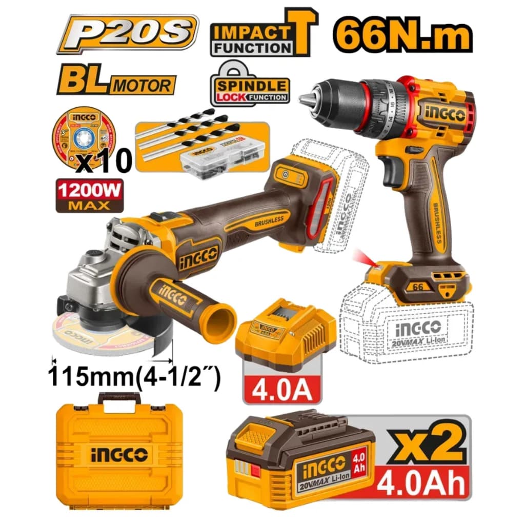 Kit Esmerilhadeira Angular 4.1/2" + Parafusadeira de Impacto Furadeira 66Nm 20v À Bateria Ingco