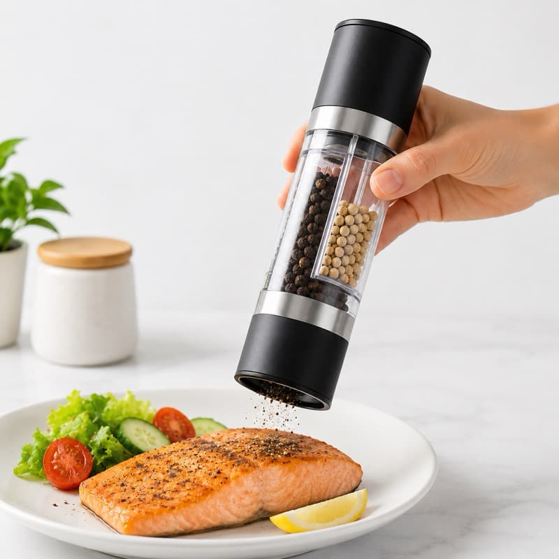 Moedor Manual Duplo 2 em 1 para Sal Pimenta e Temperos Ajustável Vidro Inox