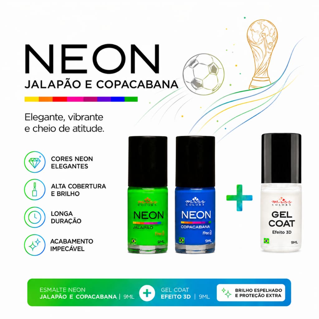 Kit 2 Esmaltes Verde Azul  + Top Coat  Efeito Gel  Alta Cobertura   3x9 ml Miss Colors