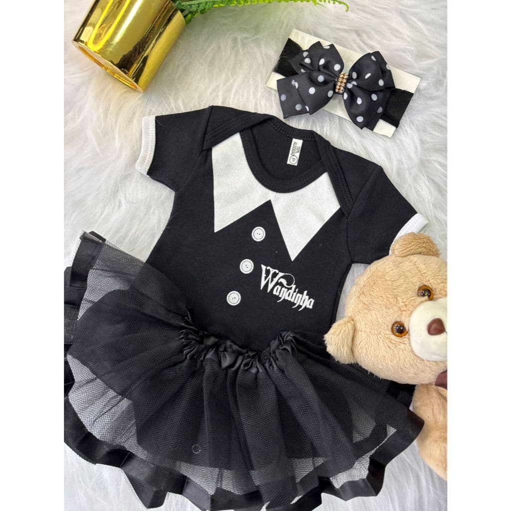 Body Bebê Wandinha Família Addams Fantasia Halloween Infantil Menina Roupa Temática Manga Curta