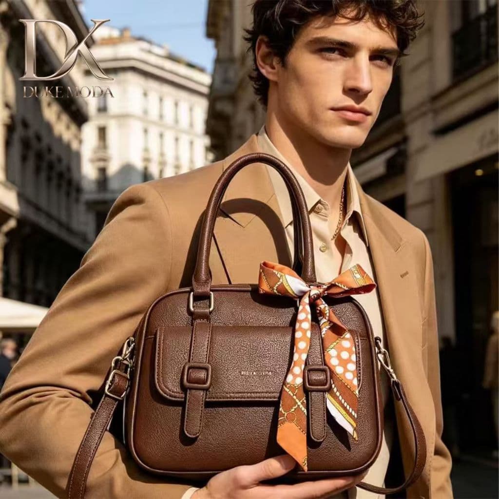 DUKE Bolsa Feminina de Couro com Textura Pedra e Lenço, Bolsa Satchel Prática para Trabalho e Presente DEC6176