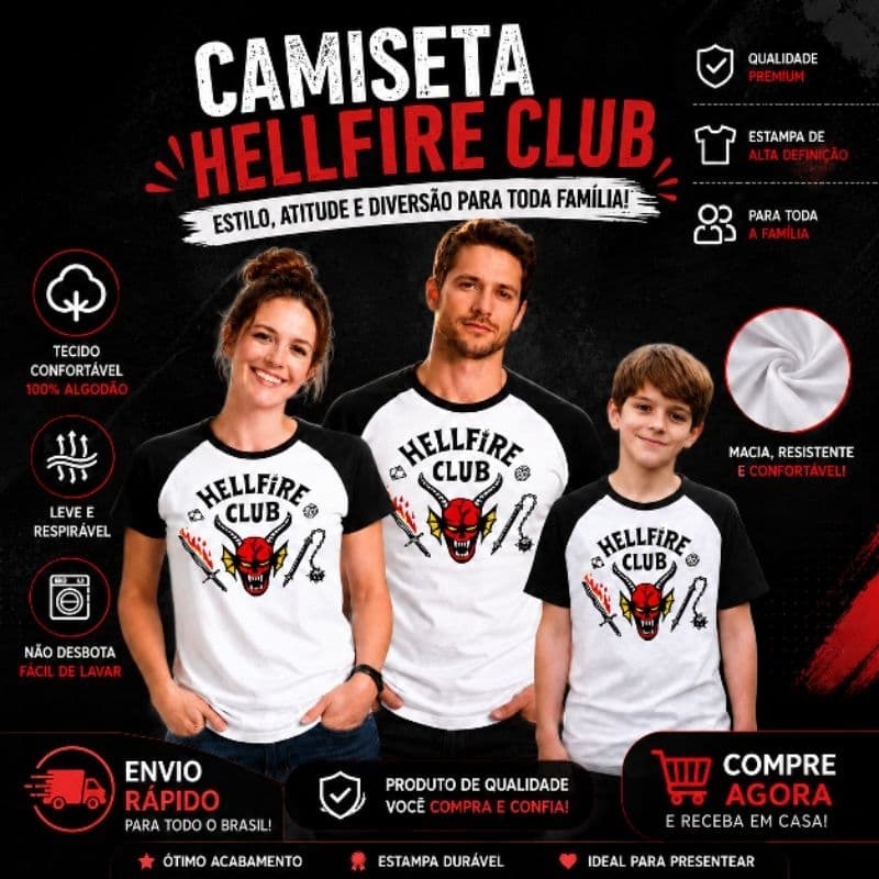 Camiseta raglan Hell Fire RAGLAN PRETO do HELLFIRE Unissex Club infantil juvenil adulto camisa stranger clube hell fire
