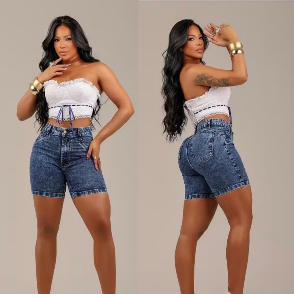 Bermuda Jeans Meia Coxa Cintura Alta Levanta Bumbum com Elastano Modeladora Feminina