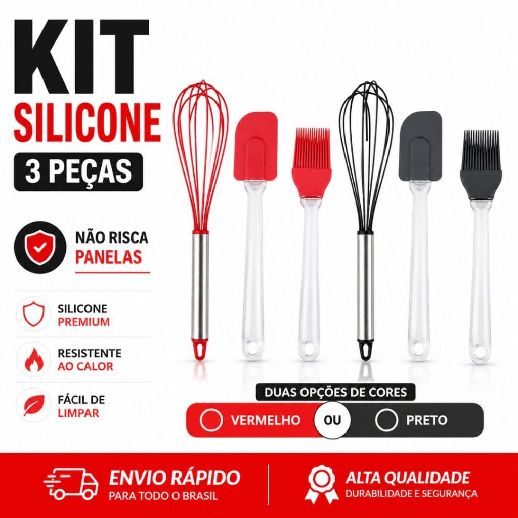 Kit Utensílios Silicone Premium Batedor 30cm + Espátula + Pincel Culinário Antiaderente 3 Peças