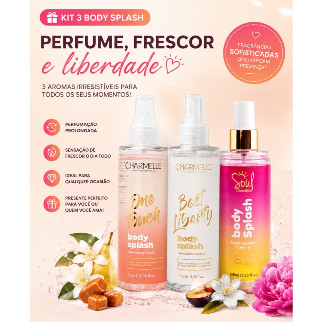 Kit 3 Body Splash Feminino Alta Fixaçao Fragrancia Marcante Body Splash Soul Cosmetics Charmelle Body Splash 200 ml
