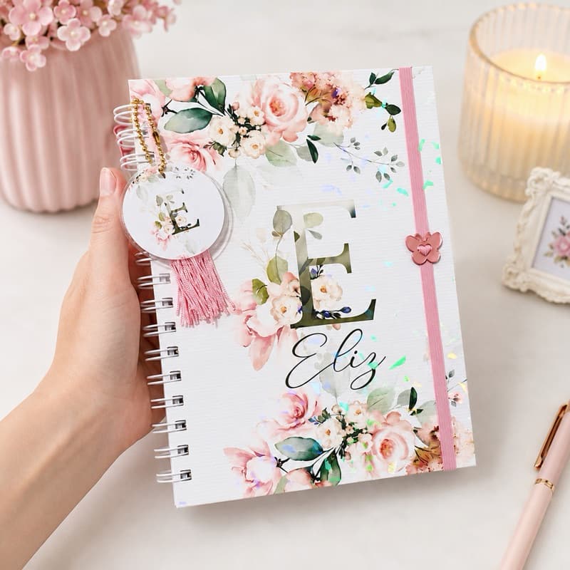 Agenda 2027 Personalizada Luxo  2 Dias por página com Nome Floral Rosa