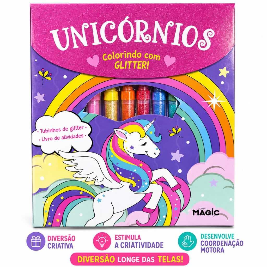 LIVRO ATIVIDADES PARA COLORIR UNICORNIOS COM 6 TUBINHOS DE GLITTER