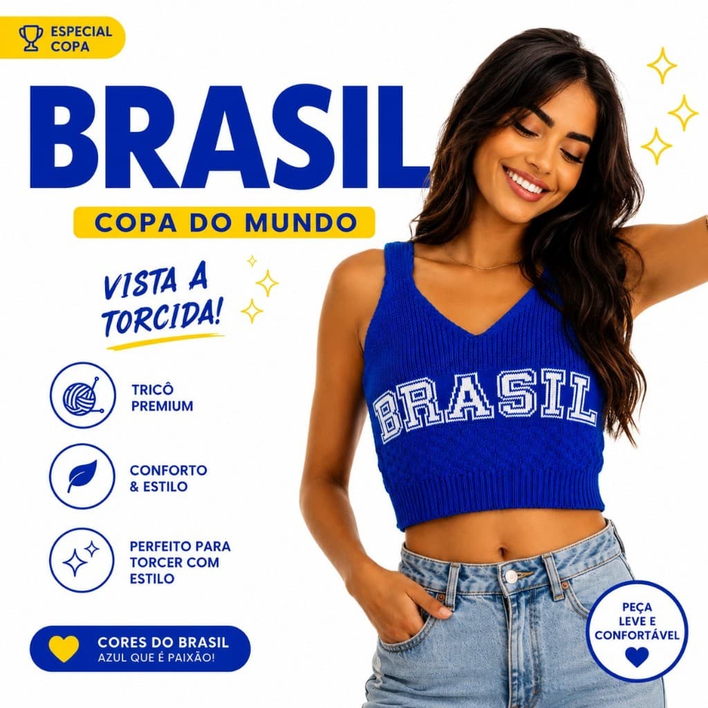 Cropped Tricô Brasil Feminino Copa do Mundo Azul Moda Blogueira Tricot Premium