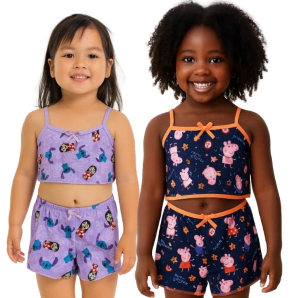 Kit 2 Pijamas Infantil Menina de Malha Babydoll Camiseta + Short Doll Verão Estampas Sortidas