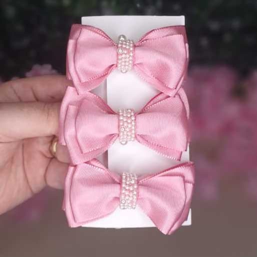 Kit 6 Laços Infantil Menina Gorgurão Rosa Com Pérolas Presilha Cabelo Acessório Criança Luxo